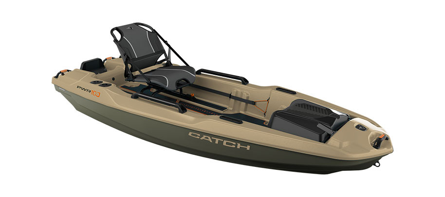 Pelican Catch PWR 100 motorized fishing kayak in Light Khaki, three-quarter view