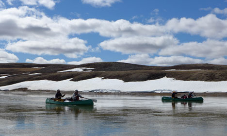 two tandem canoes paddle past the snowy bank of the Thomsen River